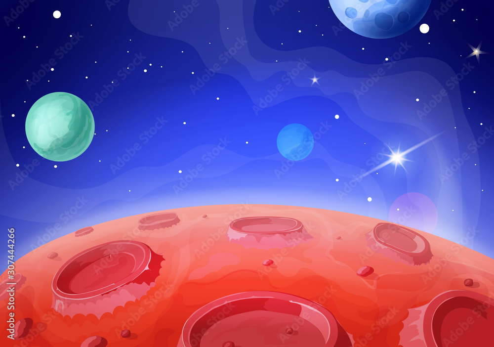 Cosmic space landscape. Planets surface with craters, stars and comets. Galaxy background