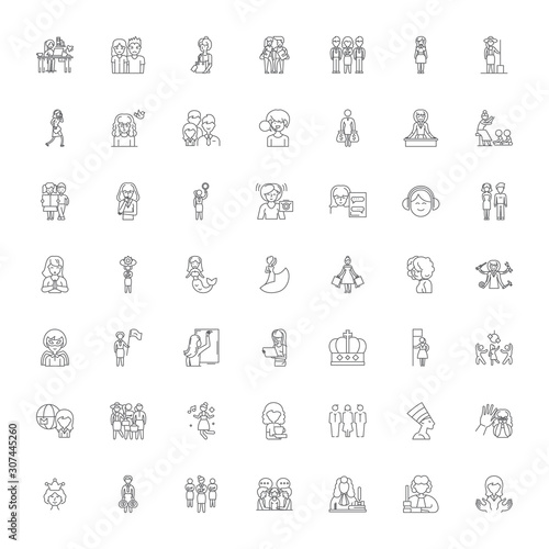 Women rights line icons, signs, symbols vector, linear illustration set