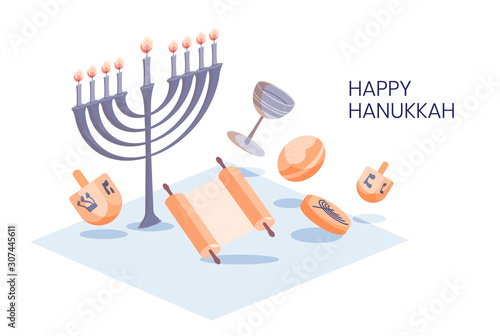 Happy Hanukkah isometric design greeting card template with menora, dreidel, chocolate coins and jelly donuts isolated on white.