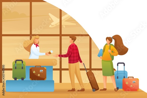 Passengers are checked in for a flight, vacation, flight to another country. Flat 2D character. Concept for web design