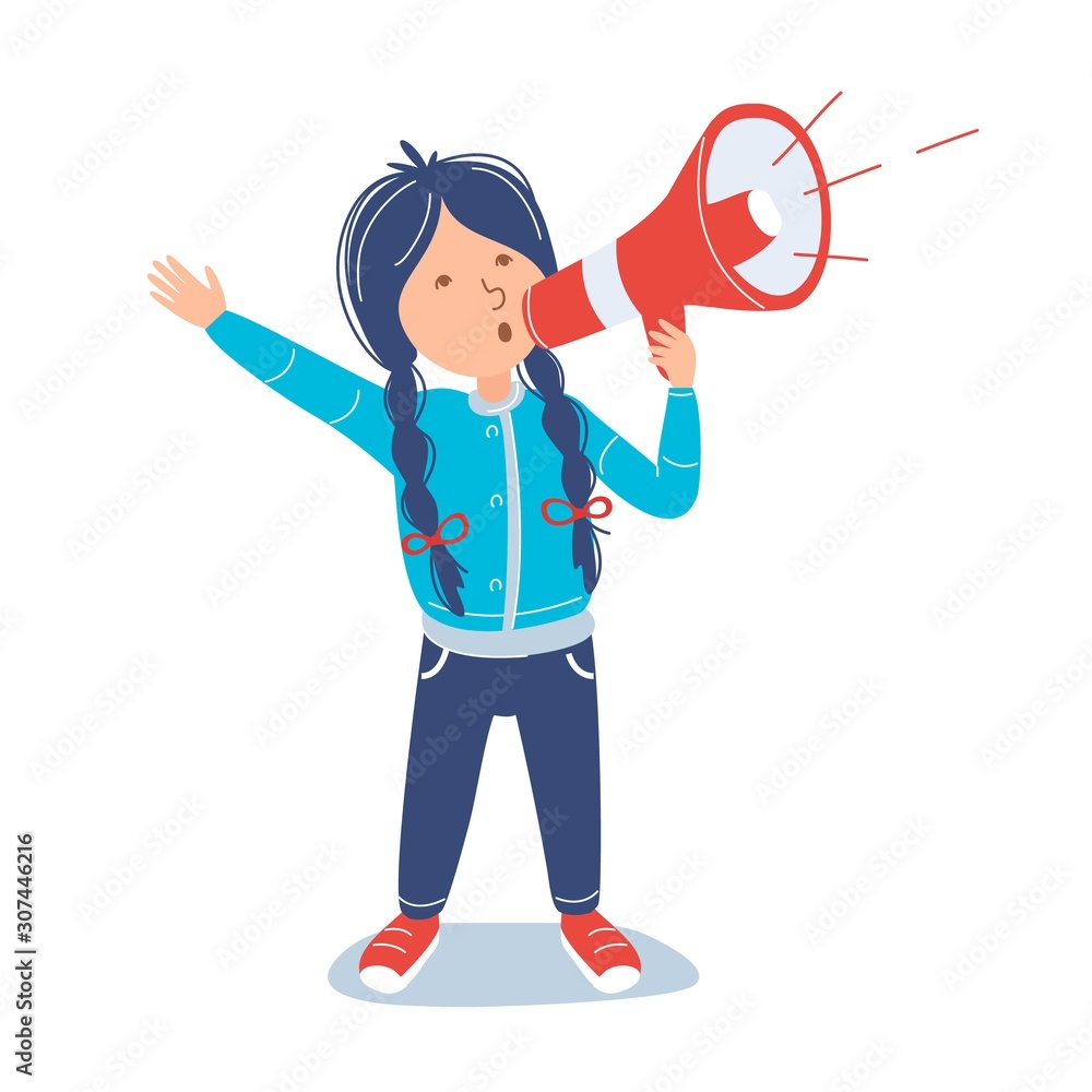Girl holding a megaphone and announcing. Loudspeaker attention concept. Shouting child. Vector cartoon flat illustration. Girl holding a megaphone and announcing. Loudspeaker attention concept. Shouting child. Vector cartoon flat illustration.