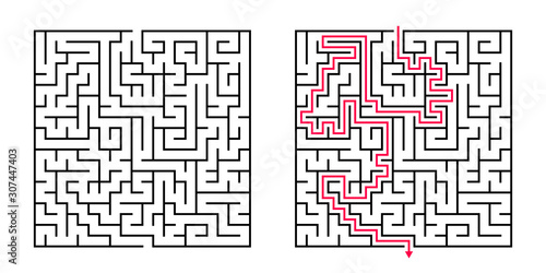 Vector Square Maze - Labyrinth with Included Solution in Balck & Red. Funny & Educational Mind Game for Coordination, Problems Solving, Decision Making Skills Test.