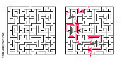 Vector Square Maze - Labyrinth with Included Solution in Balck & Red. Funny & Educational Mind Game for Coordination, Problems Solving, Decision Making Skills Test.