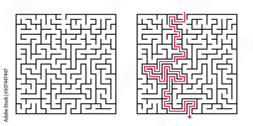Vector Square Maze - Labyrinth with Included Solution in Balck & Red. Funny & Educational Mind Game for Coordination, Problems Solving, Decision Making Skills Test.