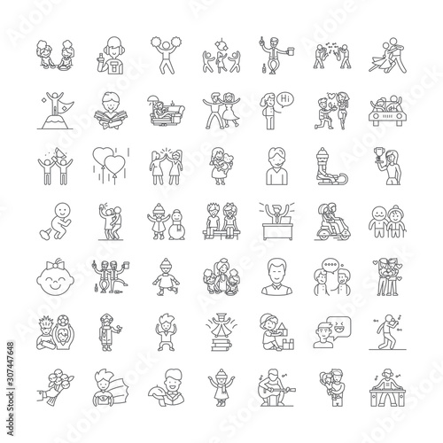 Happy people line icons, signs, symbols vector, linear illustration set