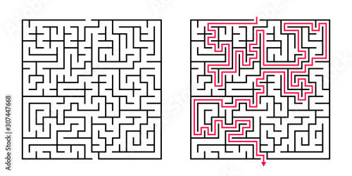 Vector Square Maze - Labyrinth with Included Solution in Balck & Red. Funny & Educational Mind Game for Coordination, Problems Solving, Decision Making Skills Test.