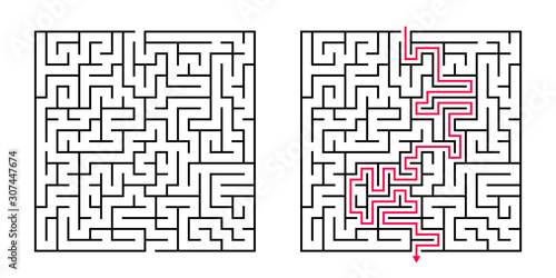 Vector Square Maze - Labyrinth with Included Solution in Balck & Red. Funny & Educational Mind Game for Coordination, Problems Solving, Decision Making Skills Test.