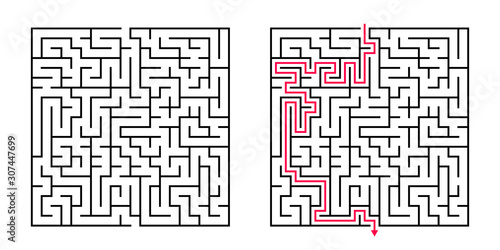 Vector Square Maze - Labyrinth with Included Solution in Balck & Red. Funny & Educational Mind Game for Coordination, Problems Solving, Decision Making Skills Test.