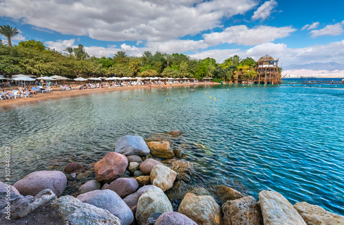 Panorama. Relaxing sunny beach for all the family in Eilat - famous tourist r...