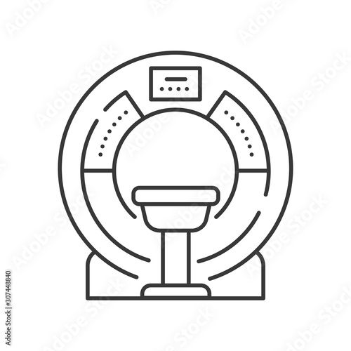 MRI machine scan device in hospital line black icon. Medical equipment and health care concept. Sign for web page, mobile app, logo. Vector isolated element. Editable stroke.