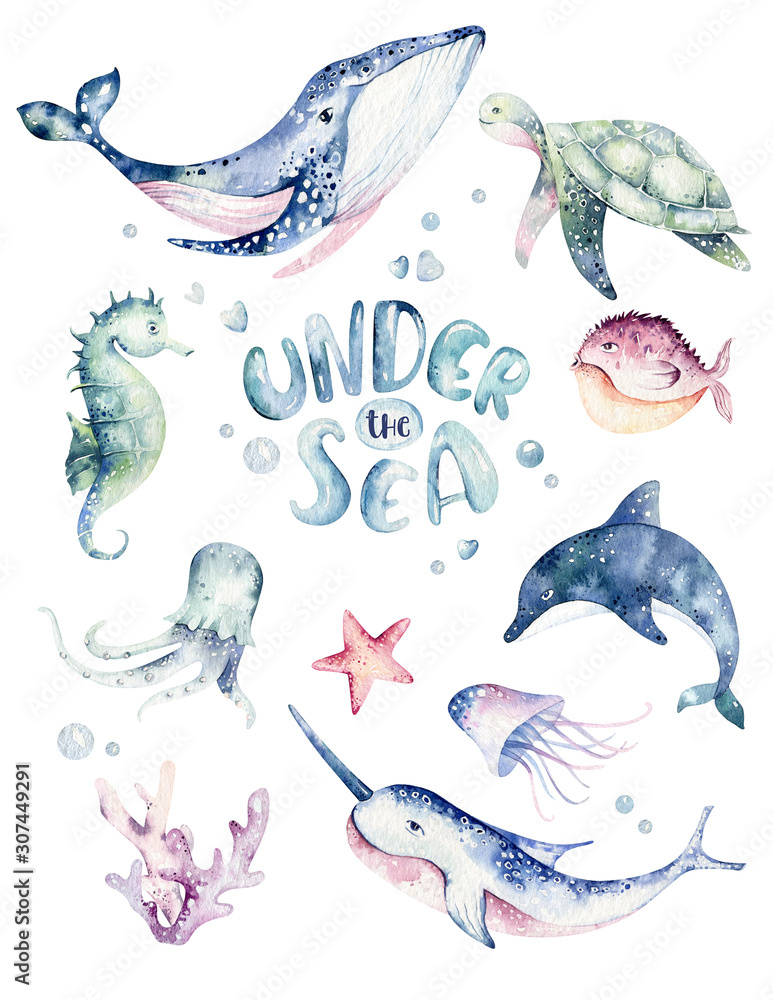 Set of sea animals poster. Blue watercolor ocean fish, turtle, whale and coral. Shell aquarium background. Nautical wildlife dolphin marine illustration, jellyfish, starfish - obrazy, fototapety, plakaty 