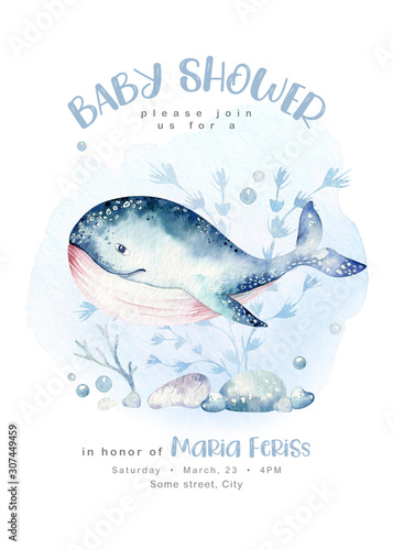 Obraz na płótnie sea animals aquarium baby shower poster. Blue watercolor ocean fish, turtle, whale and coral. Shell aquarium background. Nautical marine illustration