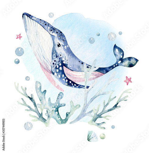 Obraz na płótnie Zestaw zwierząt morskich. Niebieski akwarela ocean ryby, żółw, wieloryb i koral. Tło akwarium powłoki. Morskie morskie ręcznie malowane ilustracja.