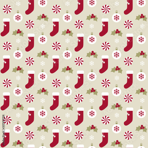 Christmas stockings candy holly and ornaments seamless pattern 