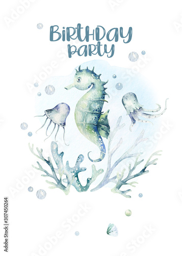 Obraz na płótnie sea animals aquarium baby happy birthday poster. Blue watercolor ocean fish, turtle, whale and coral. Shell aquarium background. Nautical marine illustration