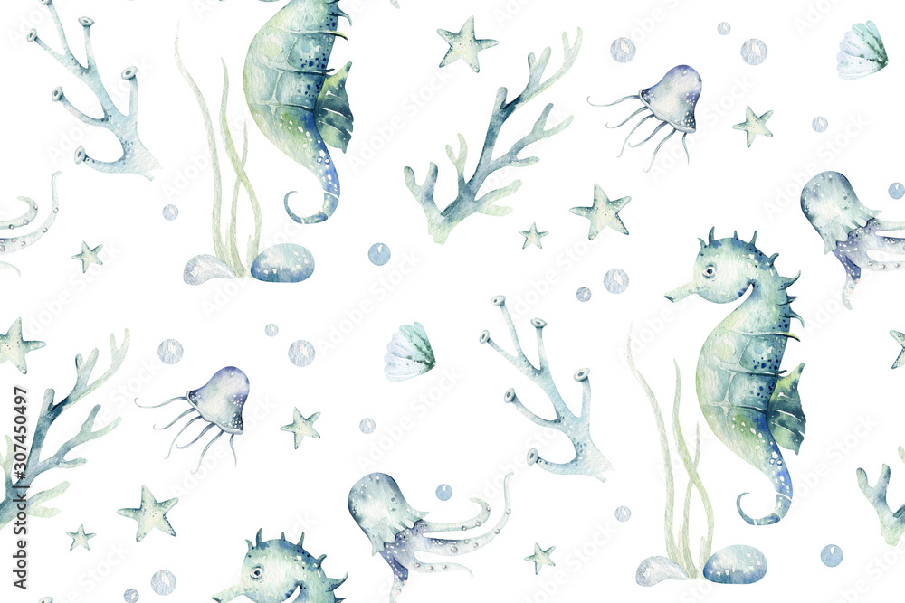 Obraz Sea animals blue watercolor ocean seamless pettern fish, turtle, whale and coral. Shell aquarium background. Nautical starfish marine illustration