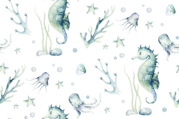Fototapete Meerestiere-Kindermuster Aquarell Ozean Fische Wal Korallen  © kris_art
