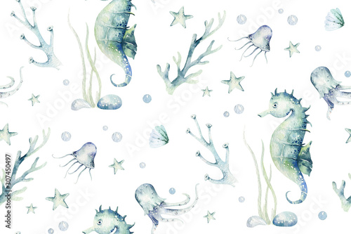 Obraz na płótnie Sea animals blue watercolor ocean seamless pettern fish, turtle, whale and coral. Shell aquarium background. Nautical starfish marine illustration