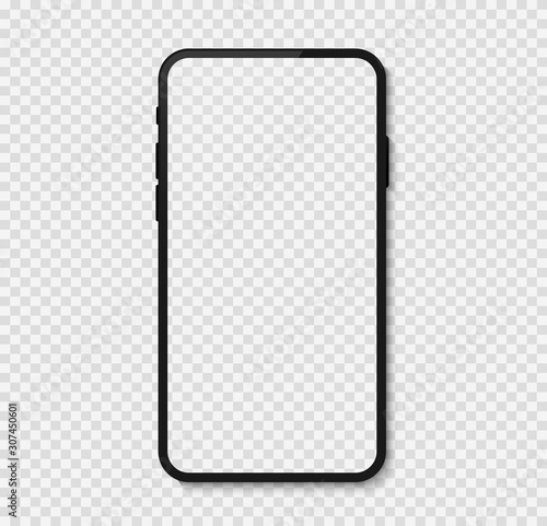 Black smart phone isolated on transparent background, smartphone blank screen, phone mockup, vector illustration.
