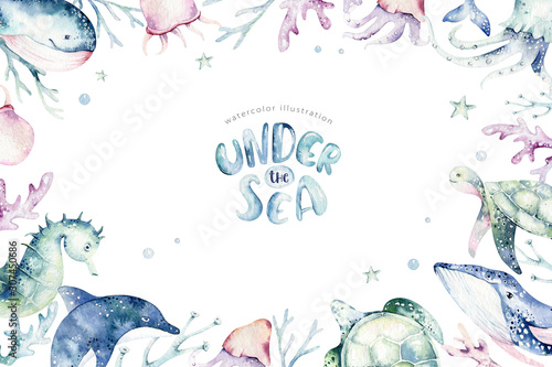 Obraz na płótnie Set of sea animals. Blue watercolor ocean fish, turtle, whale and coral. Shell aquarium background. Nautical wildlife dolphin marine illustration, jellyfish, starfish