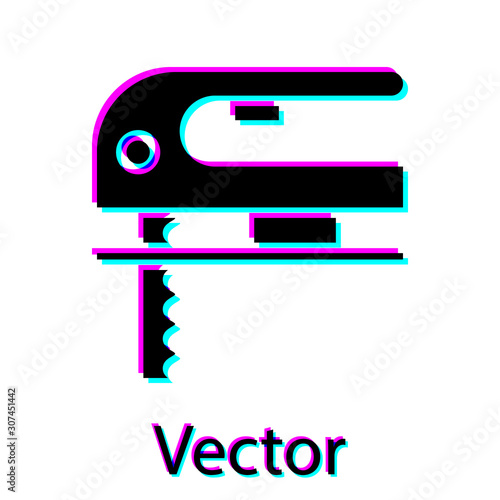 Black Electric jigsaw with steel sharp blade icon isolated on white background. Power tool for woodwork. Vector Illustration