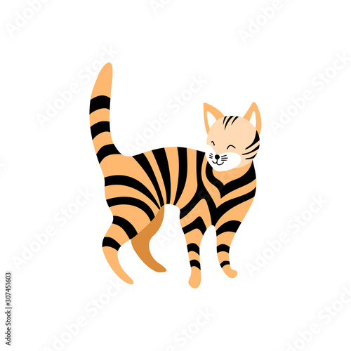 Cute striped cat isolated on white background. Standing cartoon pet with closed eyes. Flat vector illustration.