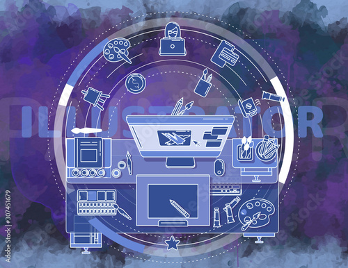 Complex promotional poster about the work and workspace of illustrators.