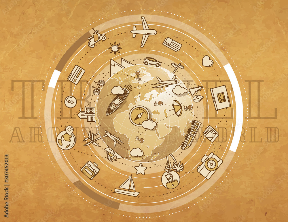 Travel around the world - detailed illustration for an advertising poster. Travel around the world - detailed illustration for an advertising poster.