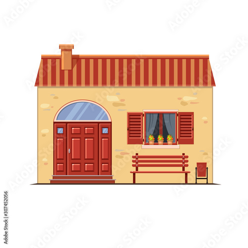 Cute vector yellow stone house with brown  roof, wooden window shutters, an arch door and a bench with a bin. European street. Cartoon building. Town element