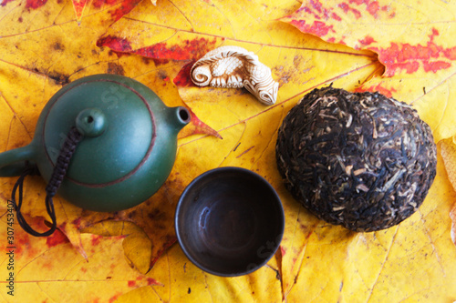Yixing teapot, dragon, bowl, tocha of tea   on an autumn leaves.  photo