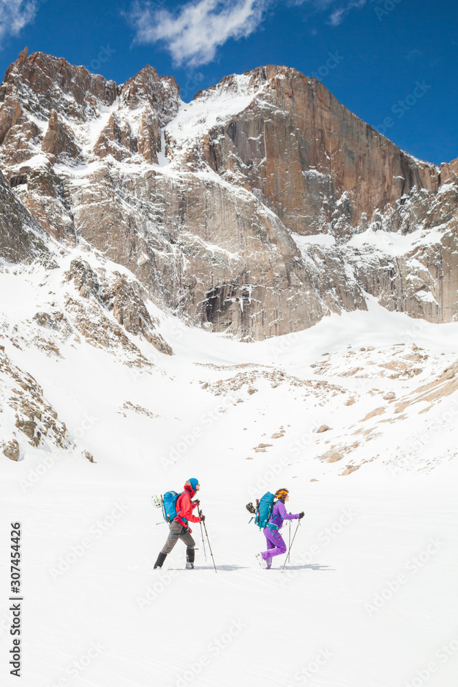 Climbers hike below Longs Peak, Rocky Mountain National Park