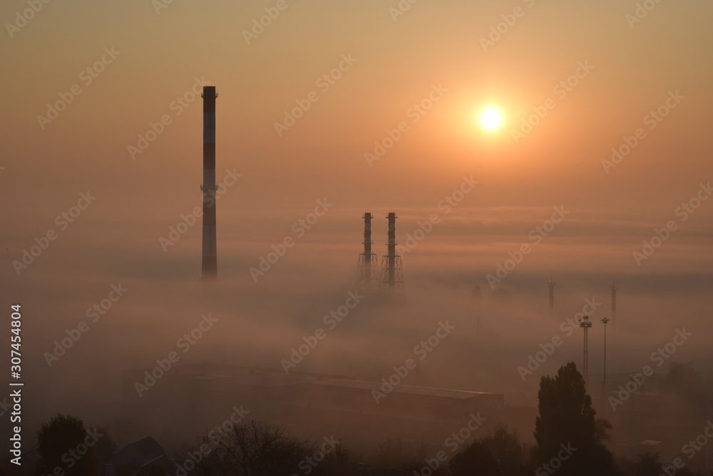 dawn, morning, sun, clouds, fog, foggy morning, dawn in Belgorod