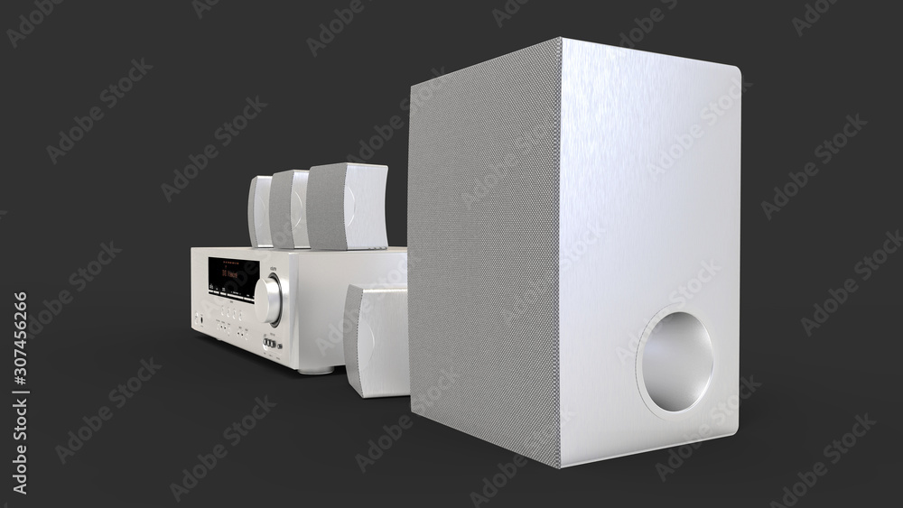 DVD receiver and home theater system with speakers and subwoofer made of aluminum. 3d illustration. DVD receiver and home theater system with speakers and subwoofer made of aluminum. 3d illustration.