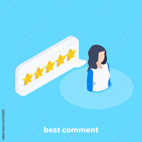isometric vector image on a blue background, a woman icon with a red tie and a text bubble with stars, best comment