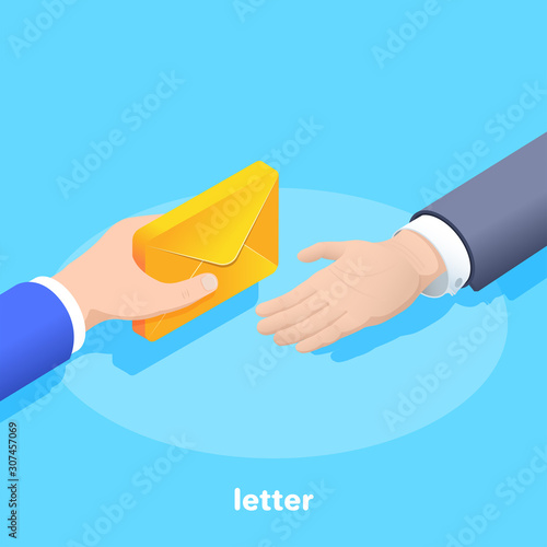 isometric vector image on a blue background, male hand passes an envelope with a letter to another person, postal service