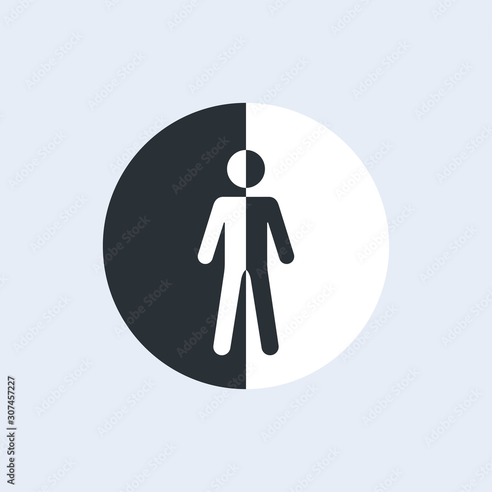 flat vector icon on gray background, man silhouette divided into black and white half flat vector icon on gray background, man silhouette divided into black and white half