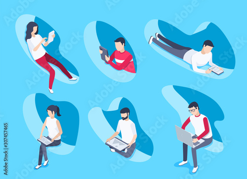 isometric vector image on a blue background, people are sitting in abstract forms and working with gadgets, sending and receiving messages and chatting online