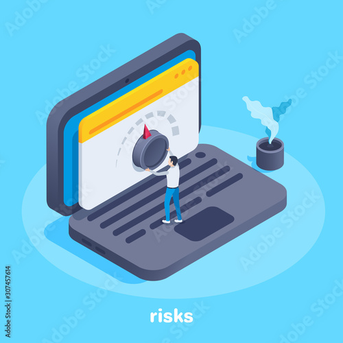 isometric vector image on a blue background, a man twists an adjustment wheel on a laptop screen, raising or lowering risks in business