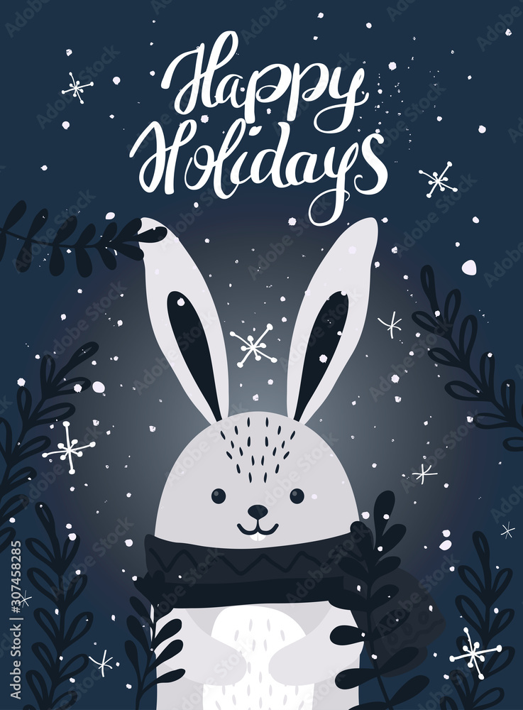 Fototapeta premium Template Christmas greeting card with a rabbit. Christmas winter vector illustration