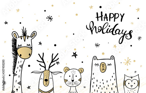 Template Christmas greeting card with a deer, owl and bear, giraffe, tiger.