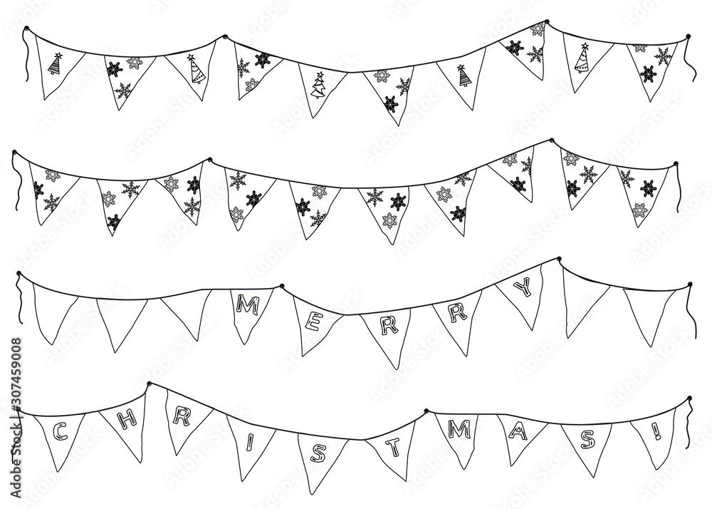Outline Christmas pennant banner and flags set in doodle style. Pennant banner  string isolated on white background. Colourful garland for the Christmas.  Vector illustration. Stock Vector