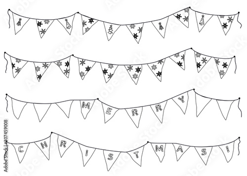 Outline Christmas pennant banner and flags set in doodle style. Pennant banner string isolated on white background. Colourful garland for the Christmas. Vector illustration.