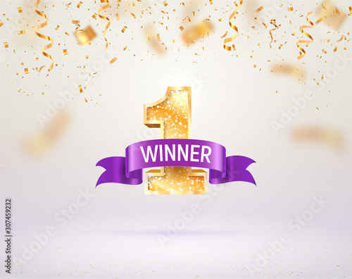 First place competition vector illustration. Template of victory in the championship. Winner golden number one with purple ribbon on falling down confetti background