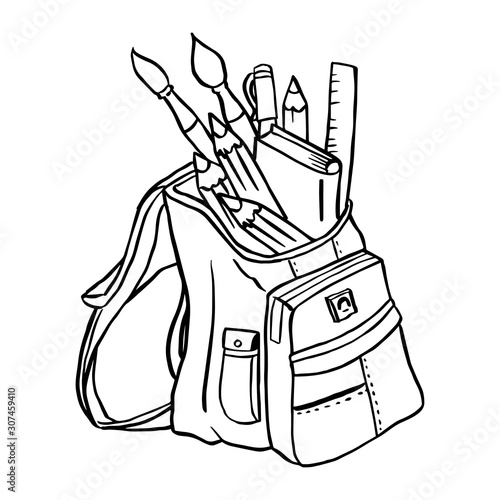 Backpack packed with school items hand drawn vector illustration