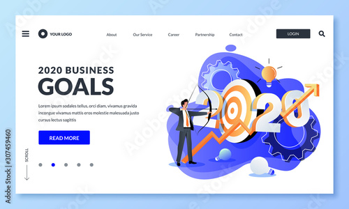 Business goals, investment strategy, income growth in new 2020 year. Vector illustration of businessman shoots target