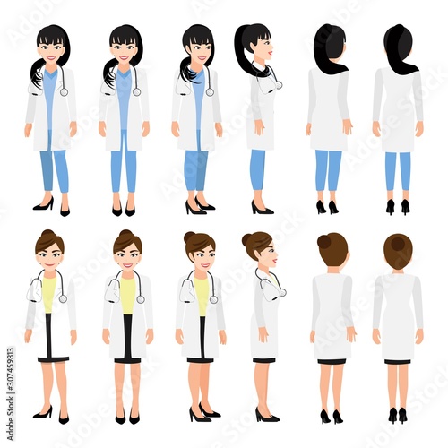 Female doctor cartoon character. Front, side, back, 3-4 view animated character. Flat vector illustration.
