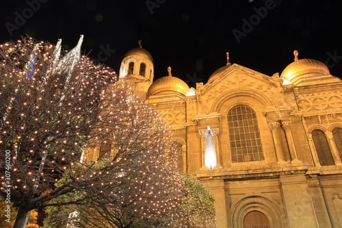 Part of the facade of the Cathedral Dormition of the Mother of God Cathedral at night (Varna, Bulgaria)