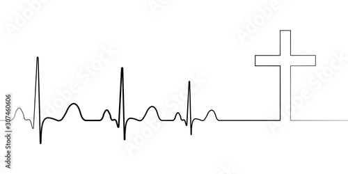 Death icon symbol cardiac arrest, vector cardiogram with cross, concept of death path to faith condolences, departure to another world