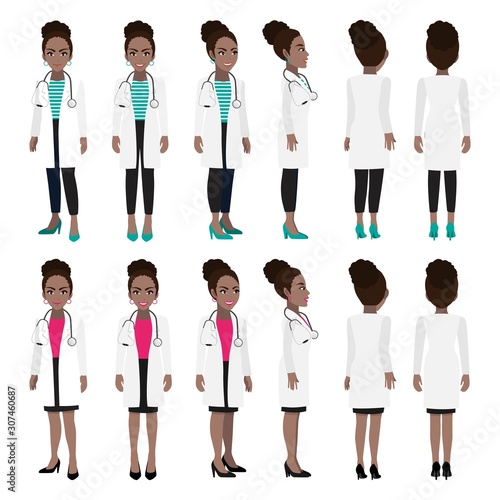 African American female doctor cartoon character. Front, side, back, 3-4 view animated character. Flat vector illustration.