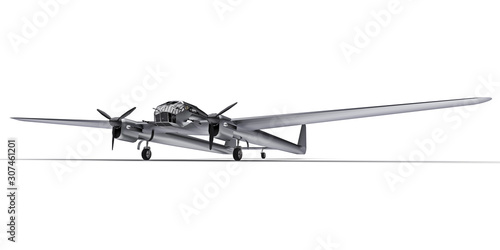 Fototapeta Naklejka Na Ścianę i Meble -  Three-dimensional model of the bomber aircraft of the second world war. Shiny aluminum body with two tails and wide wings. Turboprop engine. Shiny gray airplane on a white background. 3d illustration.